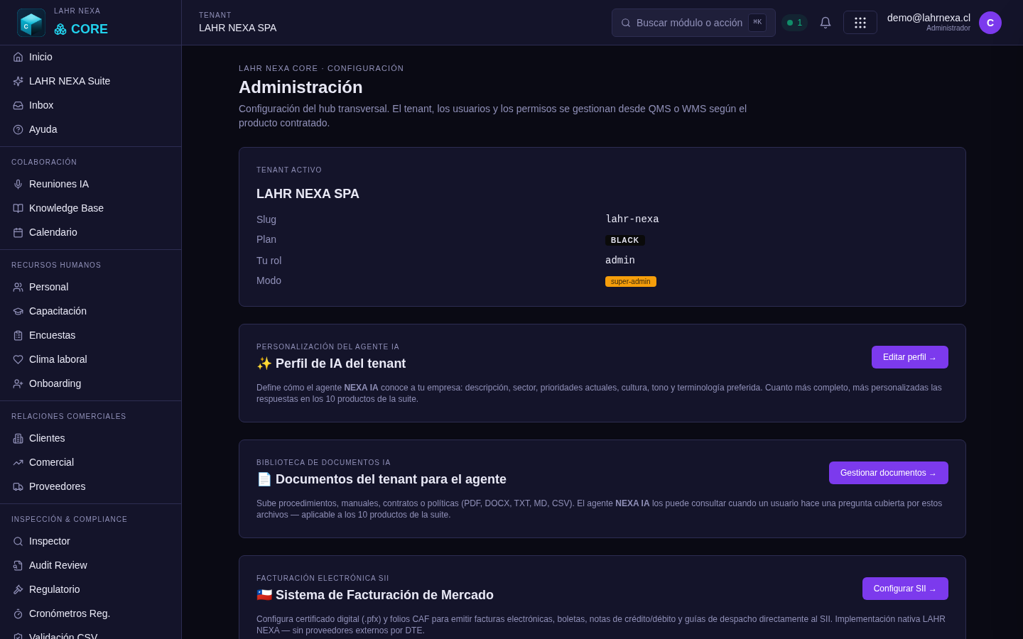 Administración de CORE: productos, plan, webhooks e integraciones.
