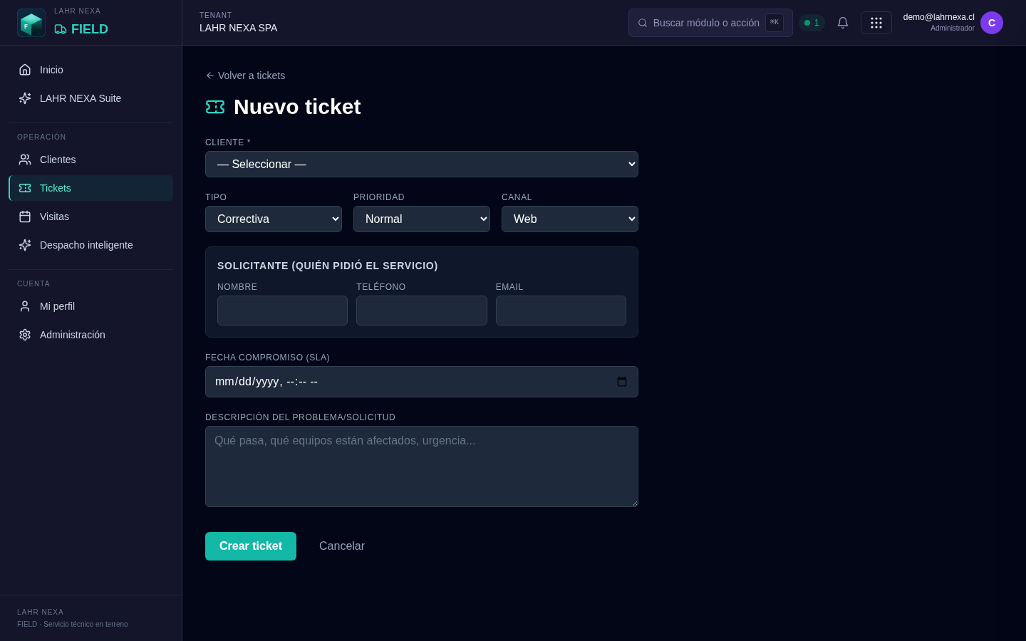 Crear un ticket de servicio en FIELD.