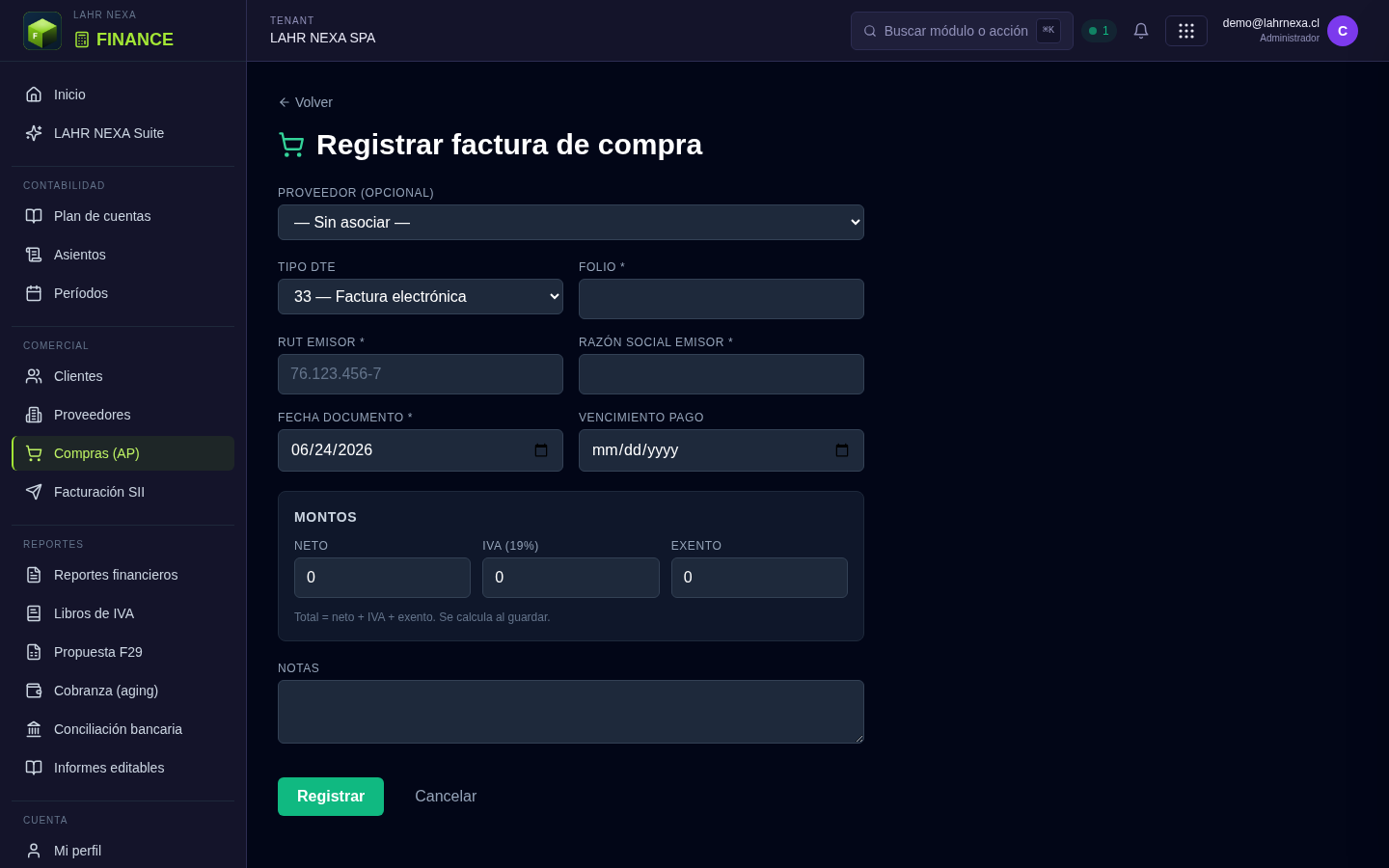 Registrar una factura de compra en FINANCE; al guardar se genera el asiento.