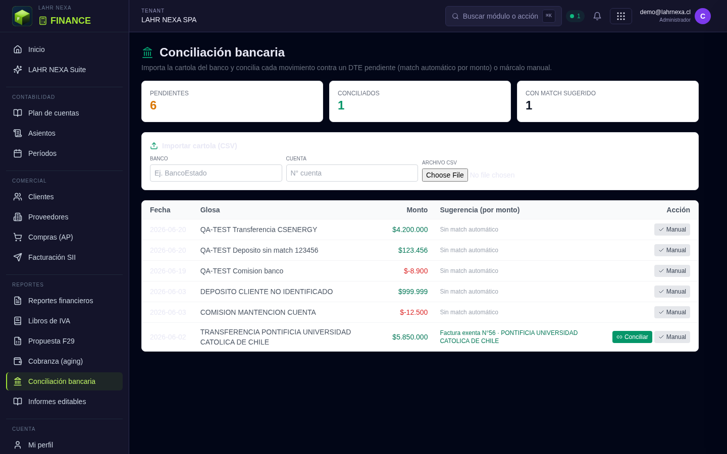 Conciliación bancaria en FINANCE.
