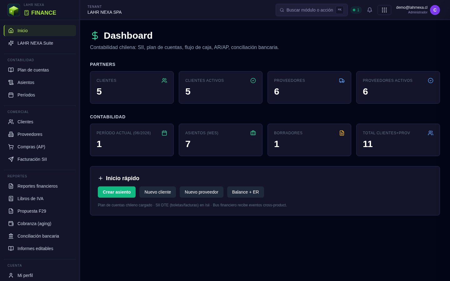 Dashboard de FINANCE: SII, cuentas y contabilidad.