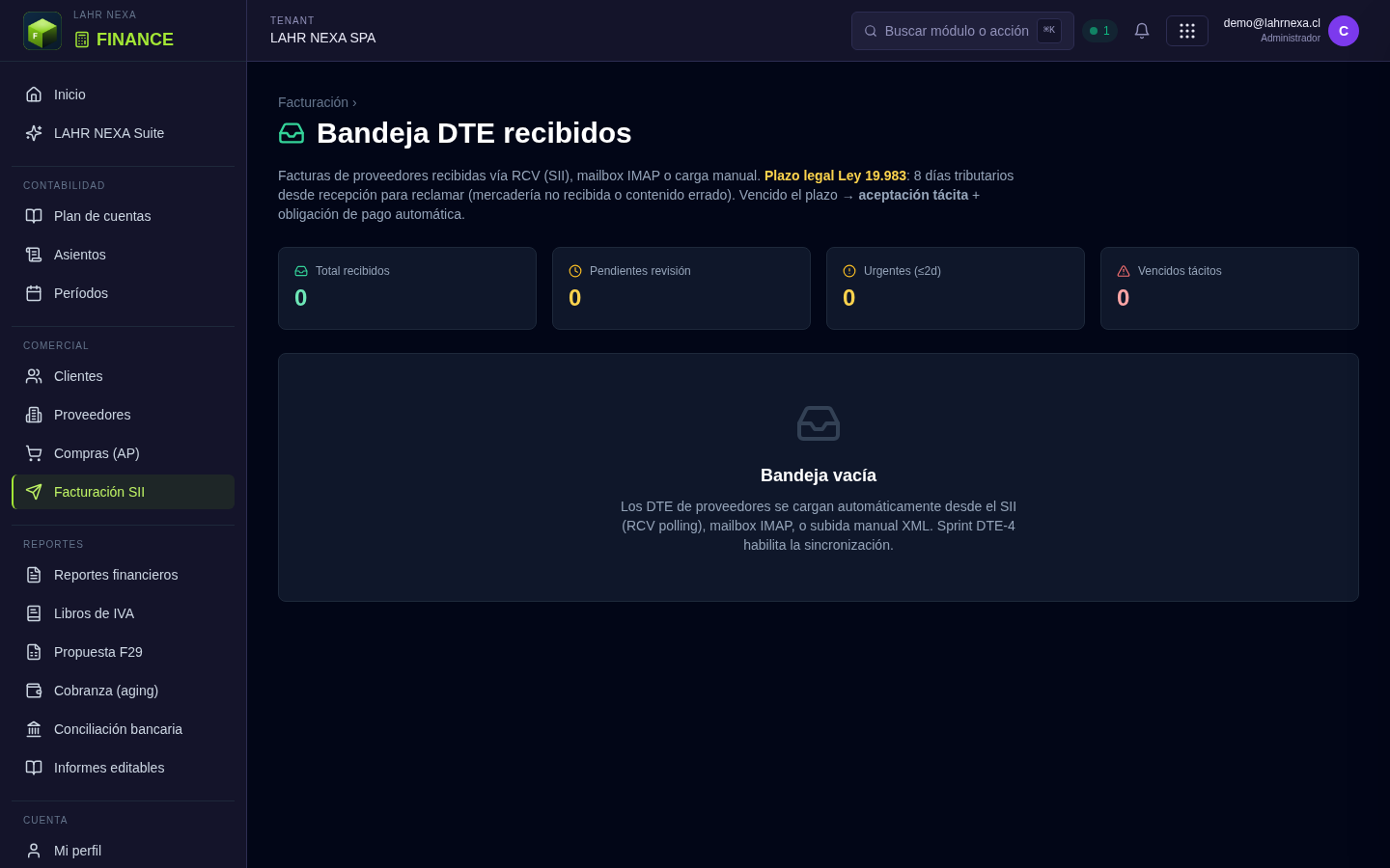 Inbox de DTE recibidos (RCV) en FINANCE.