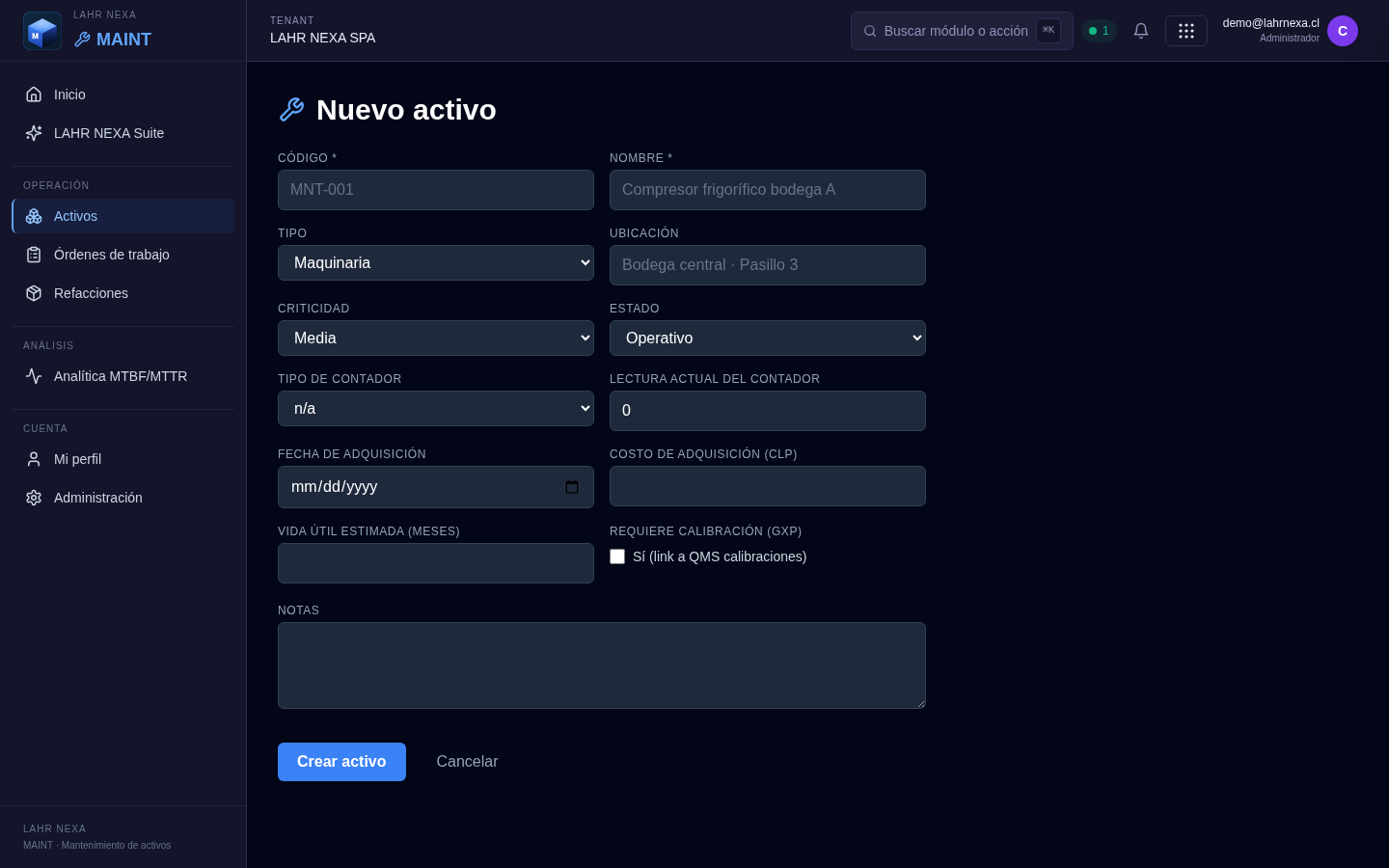 Formulario para registrar un nuevo activo en MAINT.