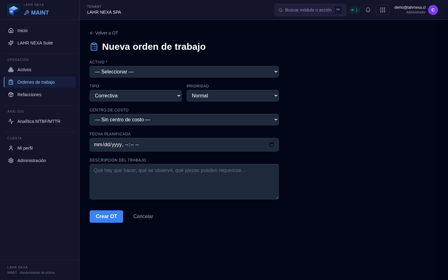 Crear una orden de trabajo en MAINT.