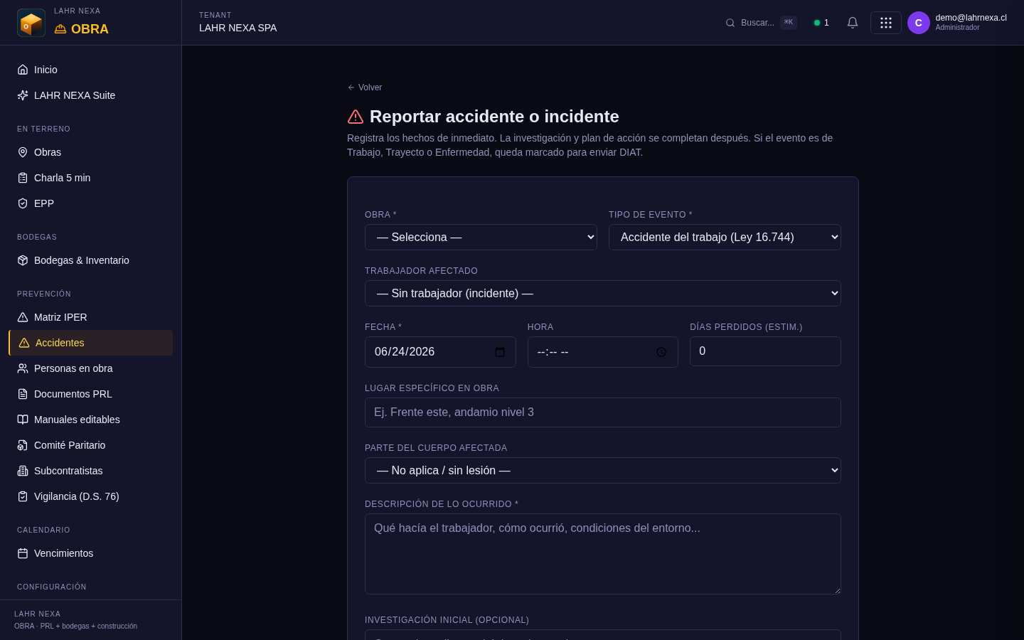 Registrar un accidente en OBRA (datos para la DIAT).