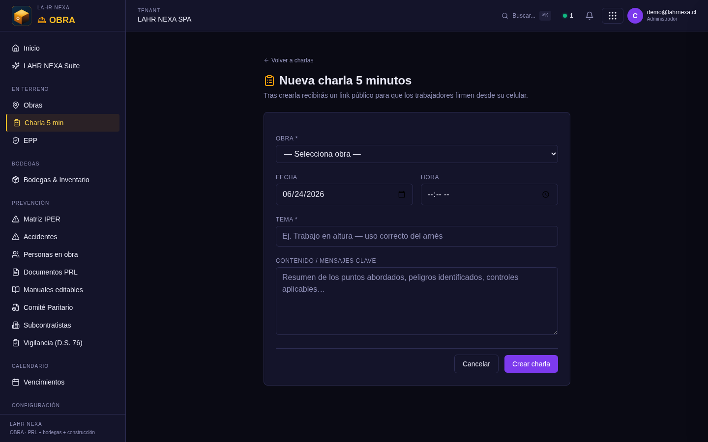 Formulario de nueva charla de 5 minutos en OBRA.