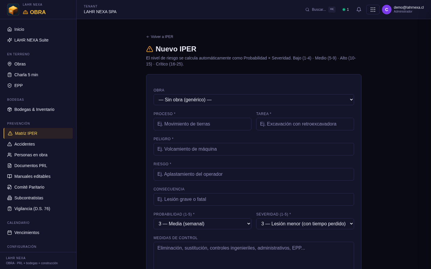 Nueva entrada en la matriz IPER de OBRA.