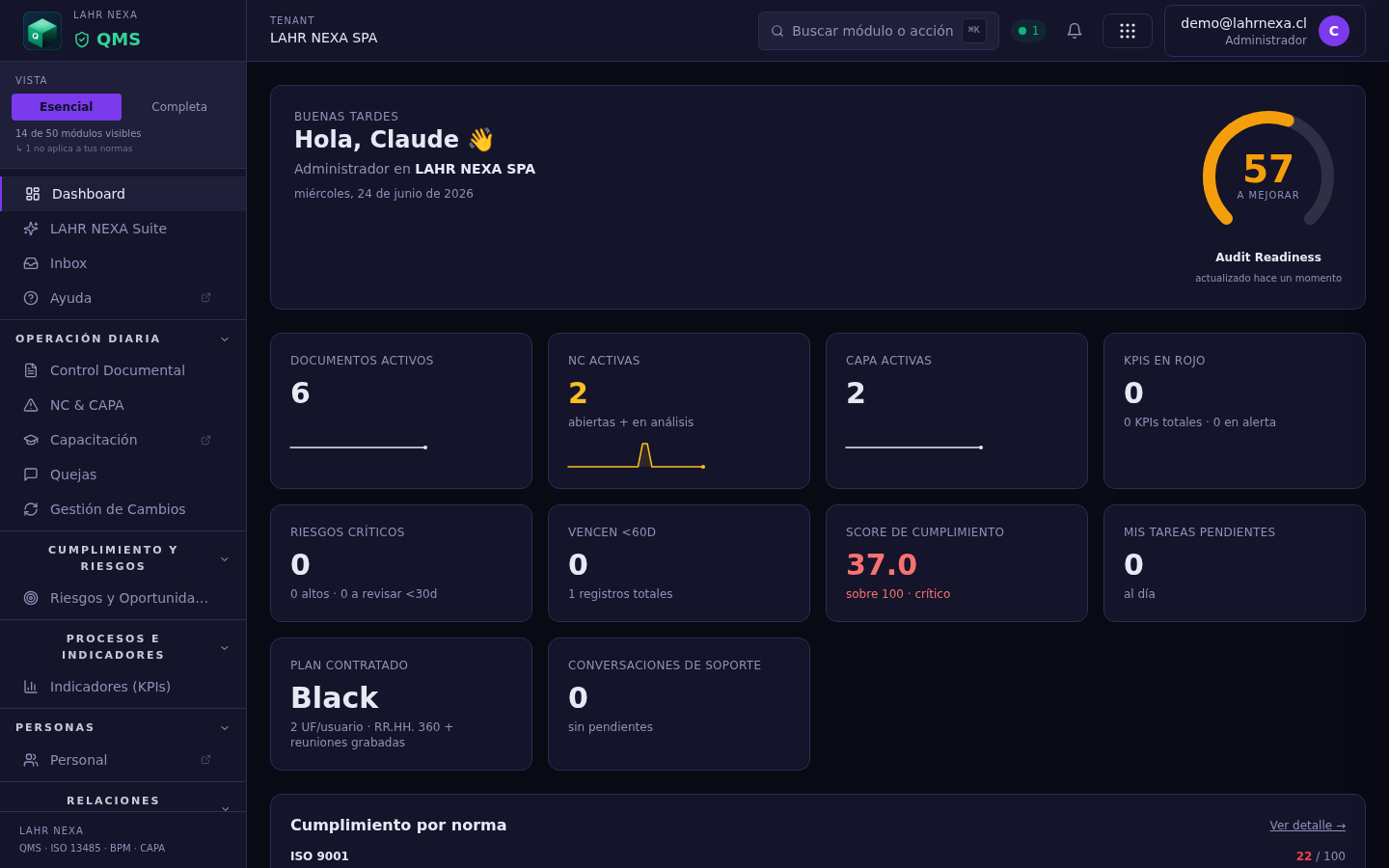 Dashboard de QMS (calidad regulada).