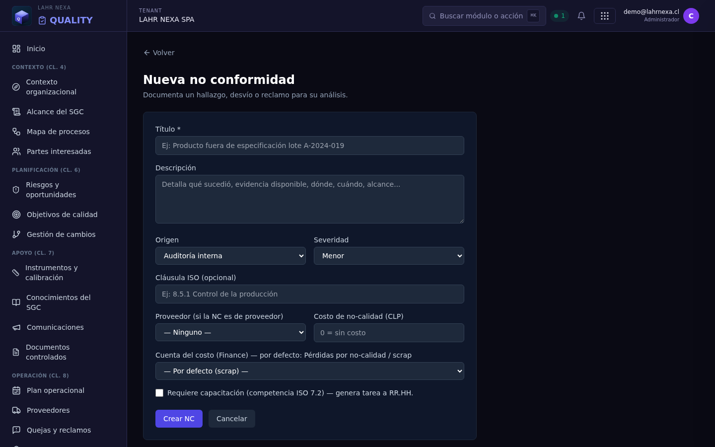 Formulario de nueva no conformidad en QUALITY (título, descripción, origen, severidad).
