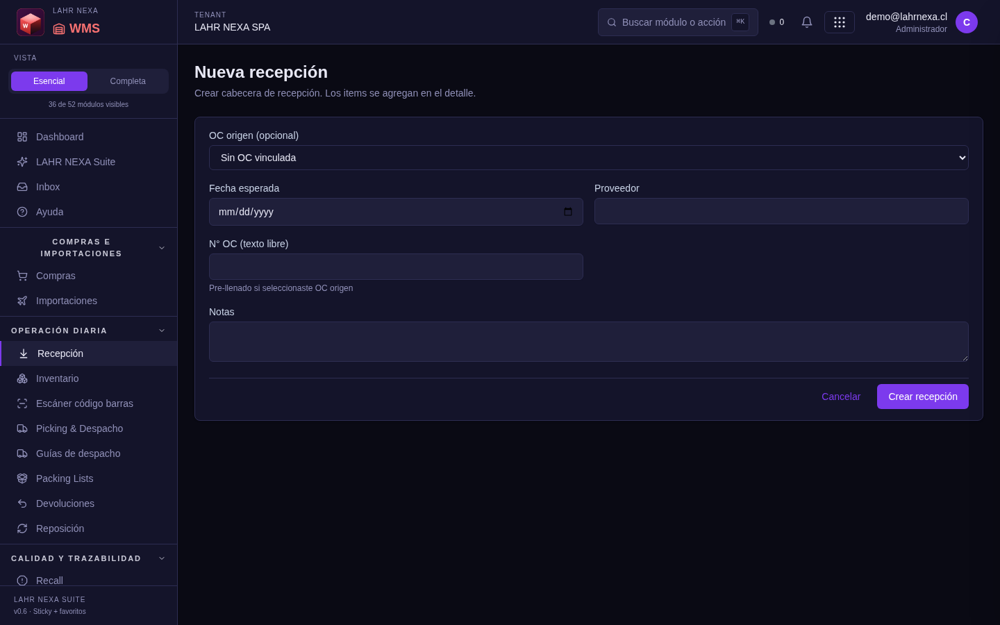 Formulario Nueva recepción en WMS (cabecera: OC origen, fecha esperada, proveedor y notas).